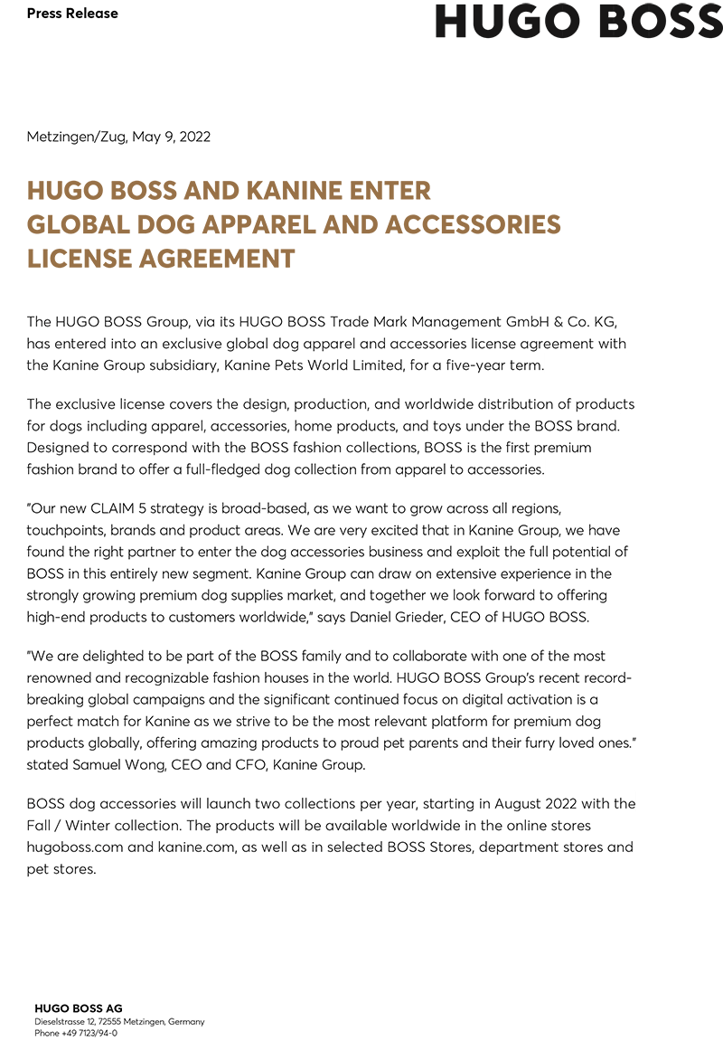 HUGO BOSS AND KANINE ENTER GLOBAL DOG APPAREL AND ACCESSORIES LICENSE AGREEMENT